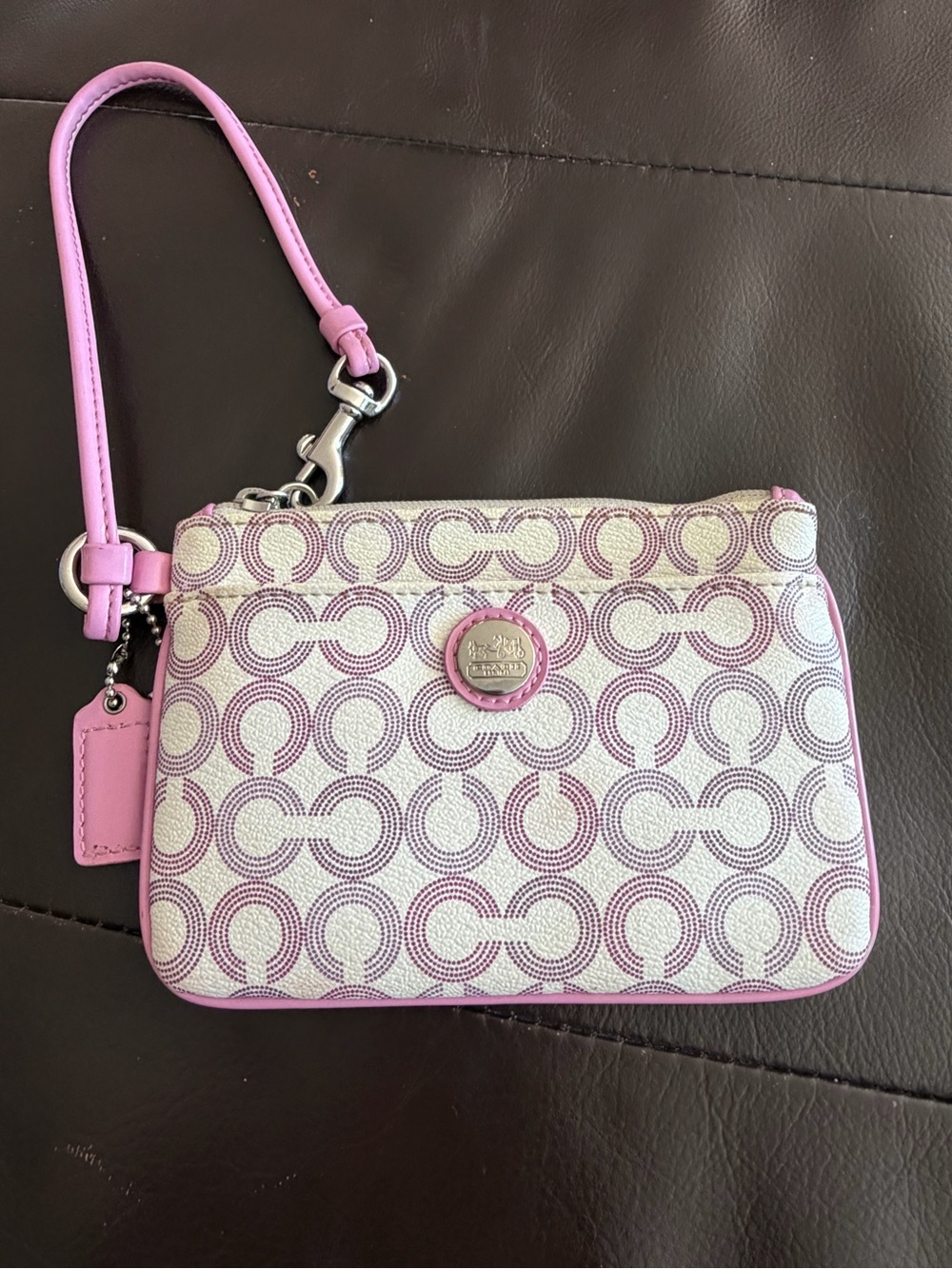 Coach Pink and Cream Signature Coin Snap Wristlet Detail